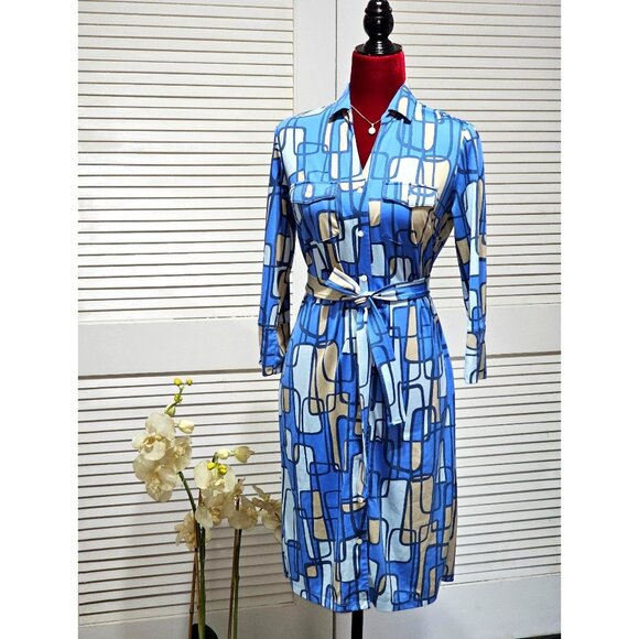 J. McLaughlin Women's Blue / Beige Geometric Pattern Button-Front Dress Sz S 204 - Picture 1 of 12